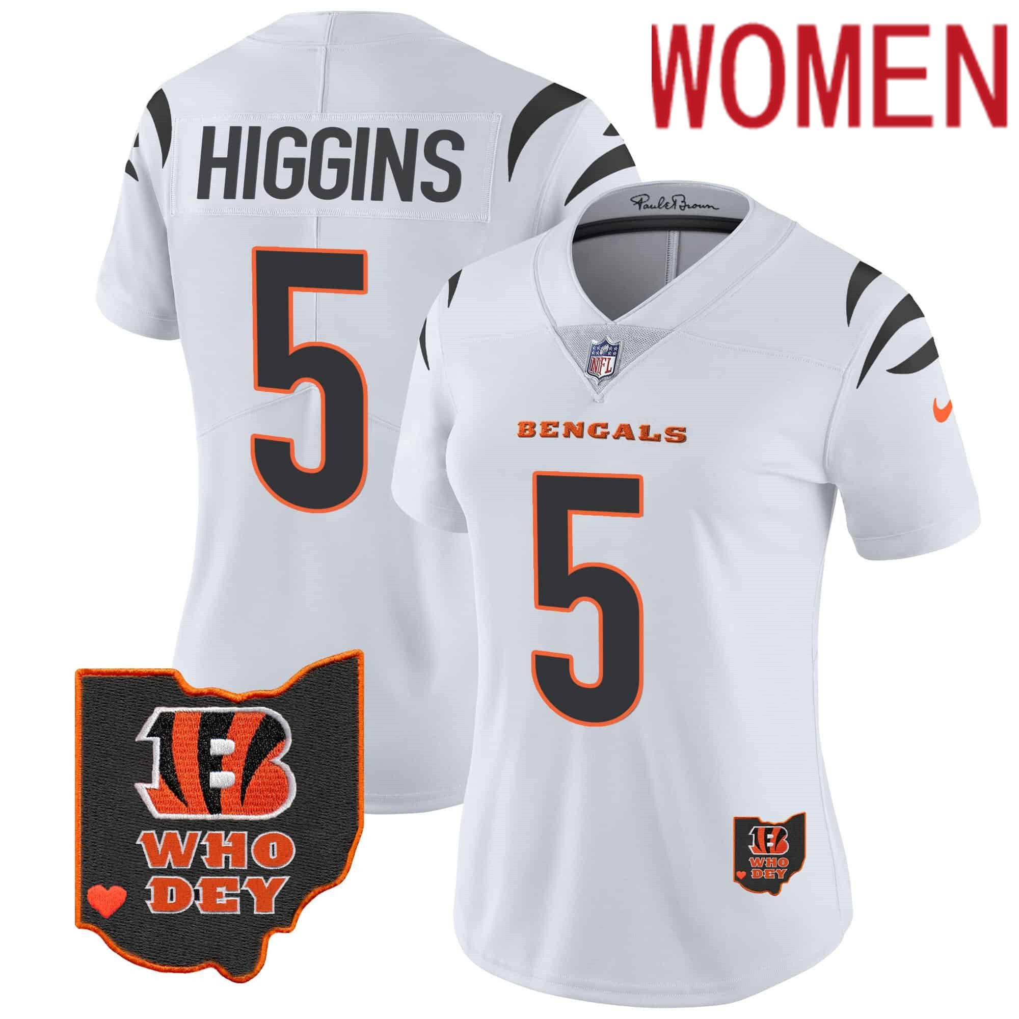 Women Cincinnati Bengals #5 Higgins White 2024 Nike Patch Vapor Limited NFL Jersey